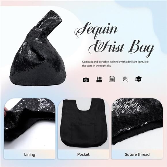 Black Sequin Evening Wristlet Bag Glitter Clutch Purse Sparkly  Pouch for Women - Picture 6 of 7